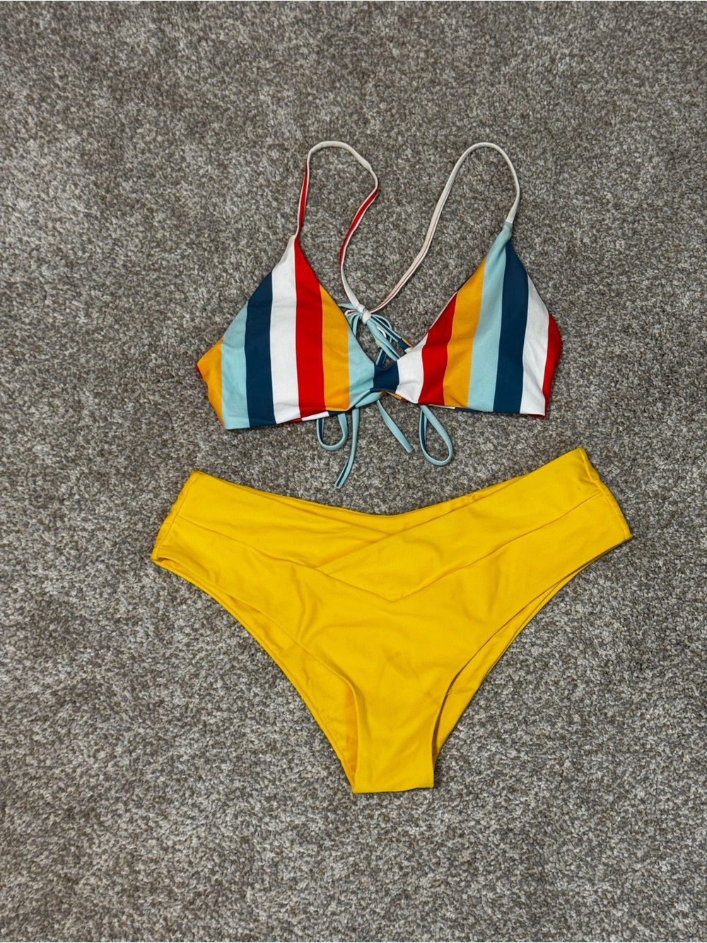 Striped Triangle Bikini Top and Yellow High-Waist Bottom - Women Swim